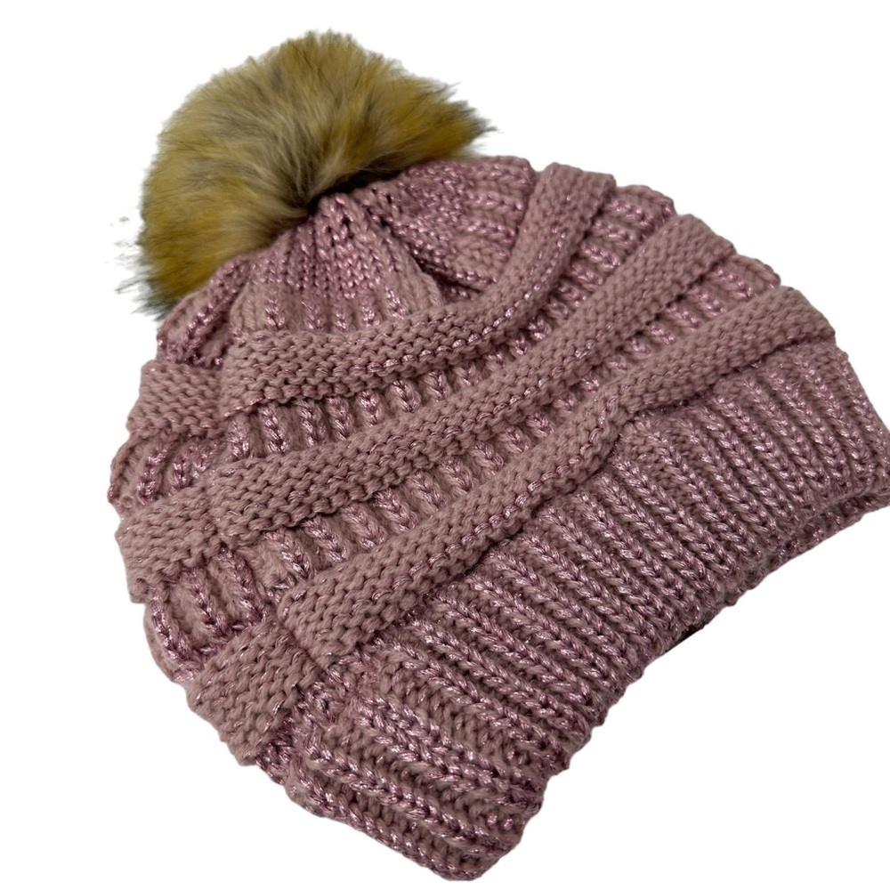 Soft Stretch Cable Knit Faux Fur Pom Pom Beanie Hat - Indi Pink